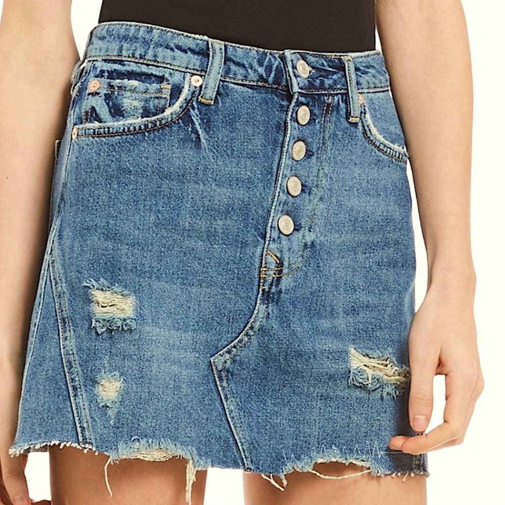 FREE PEOPLE Distressed Button Fly Denim Mini Skirt